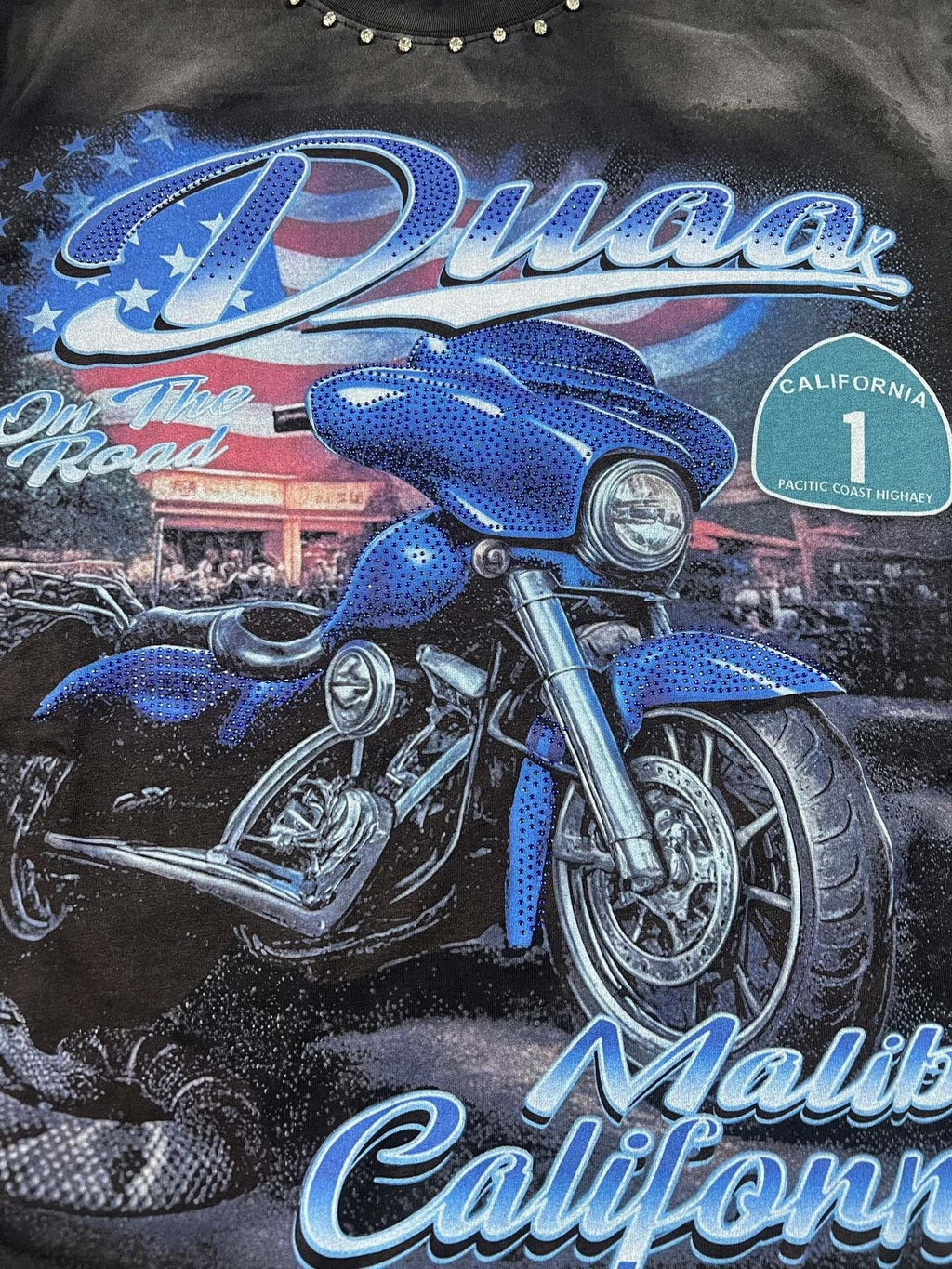 DUAA Blue Motorcycle Graphic Studded T-Shirt